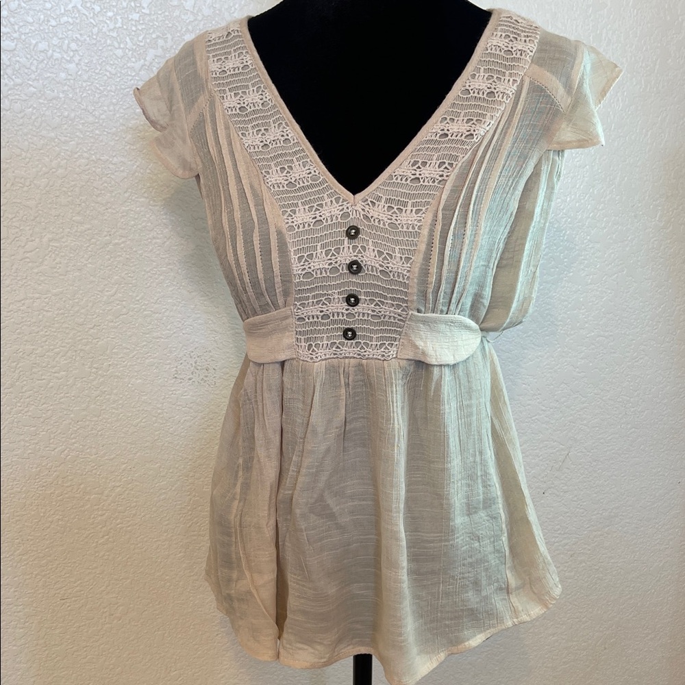 Light Beige Lace-Trim V-Neck Women's Top